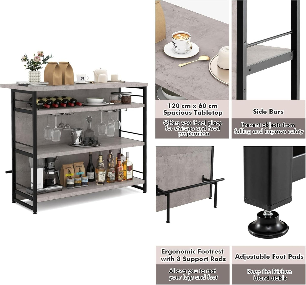 Industrial Kitchen Island Bar Table with Wine Rack, Shelves & Glass Holder Grey - Kwikley