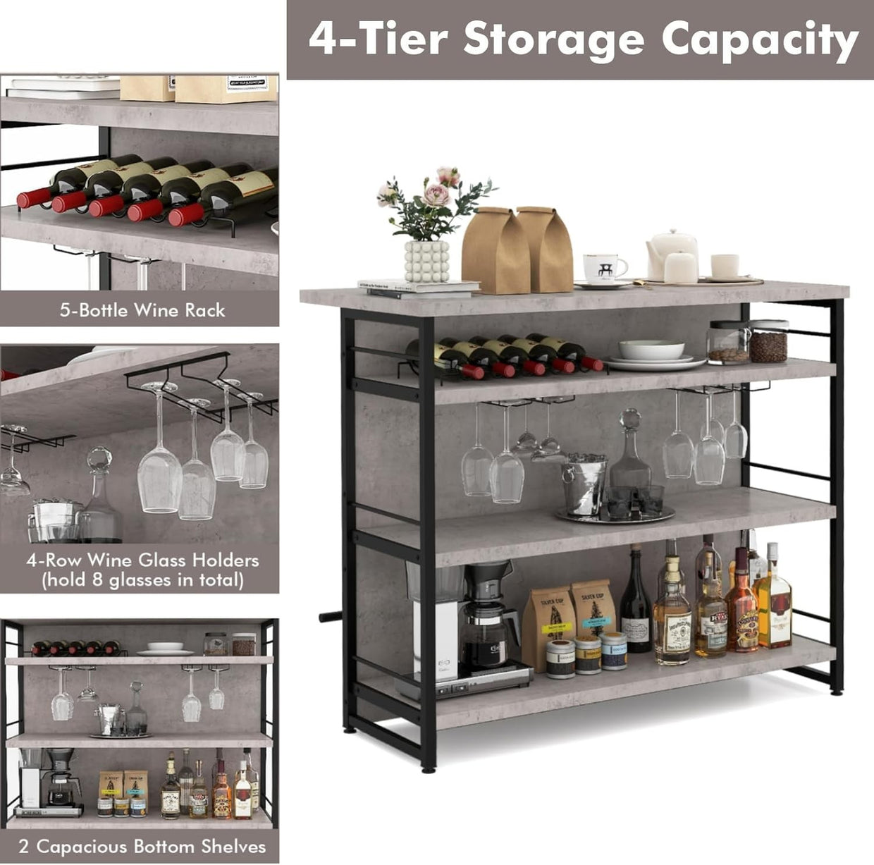 Industrial Kitchen Island Bar Table with Wine Rack, Shelves & Glass Holder Grey - Kwikley