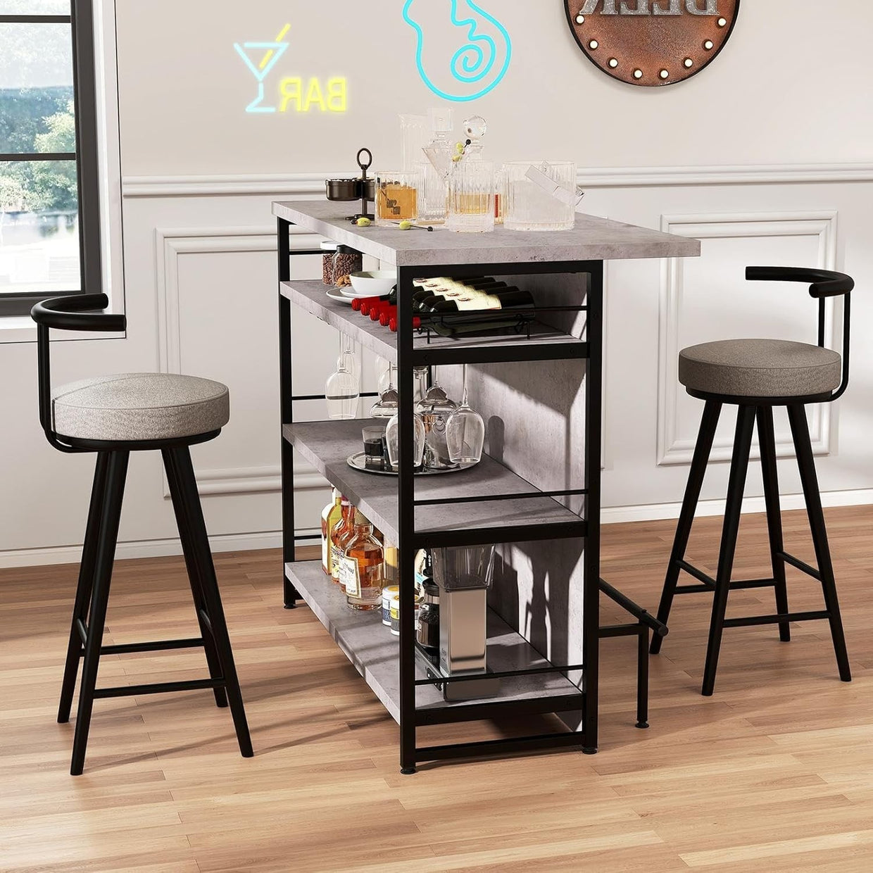 Industrial Kitchen Island Bar Table with Wine Rack, Shelves & Glass Holder Grey - Kwikley