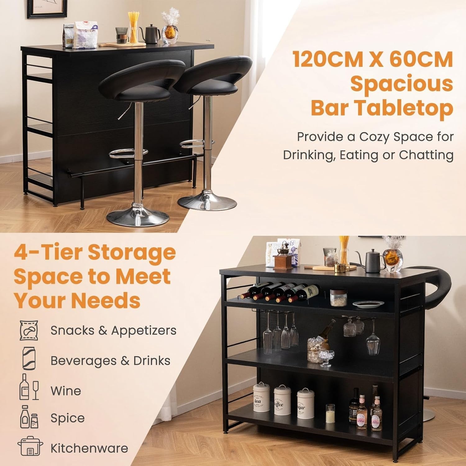 Industrial Kitchen Island Wine Bar Cabinet 4 - Tier Storage Shelves with Rack - Kwikley