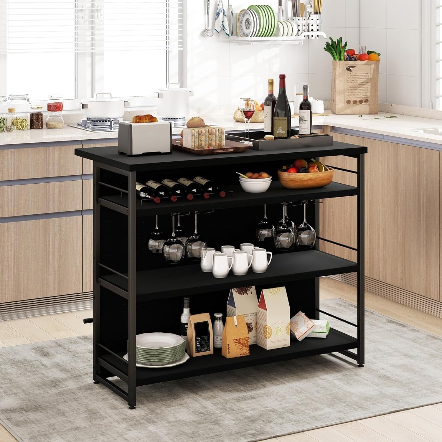 Industrial Kitchen Island Wine Bar Cabinet 4 - Tier Storage Shelves with Rack - Kwikley