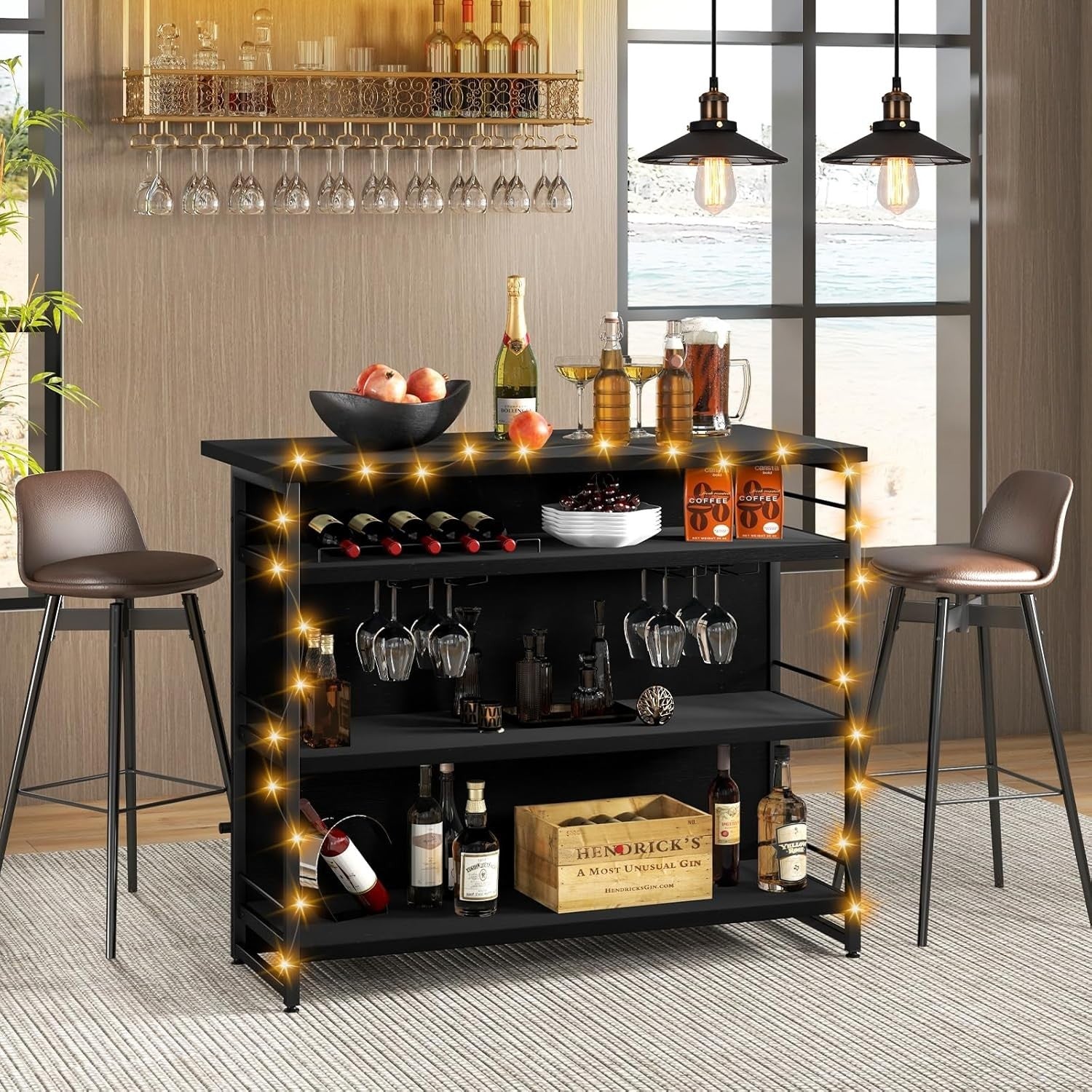 Industrial Kitchen Island Wine Bar Cabinet 4 - Tier Storage Shelves with Rack - Kwikley