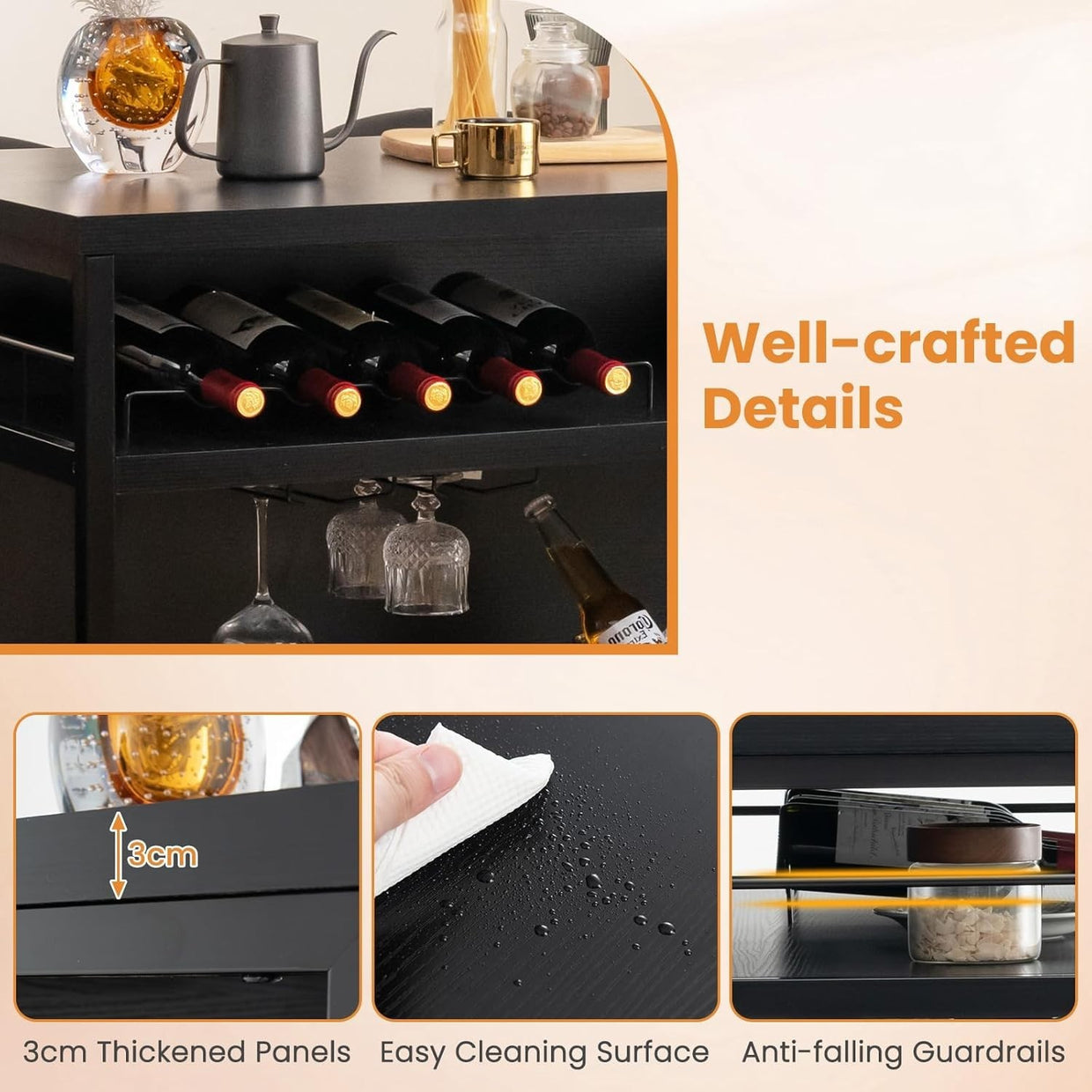 Industrial Kitchen Island Wine Bar Cabinet 4 - Tier Storage Shelves with Rack - Kwikley