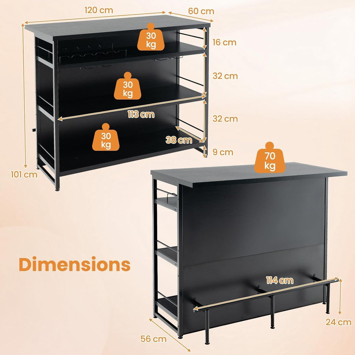 Industrial Kitchen Island Wine Bar Cabinet 4 - Tier Storage Shelves with Rack - Kwikley