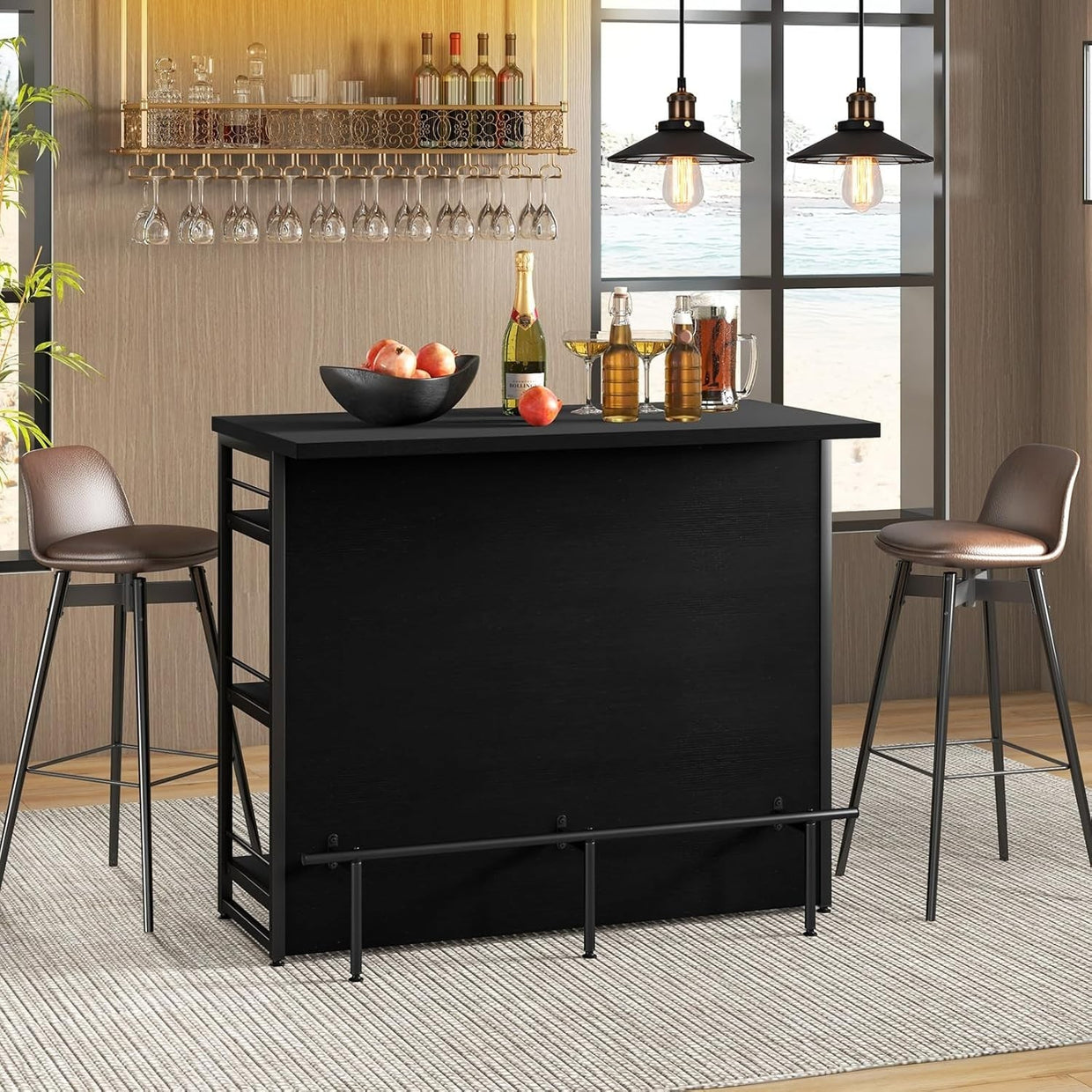 Industrial Kitchen Island Wine Bar Cabinet 4 - Tier Storage Shelves with Rack - Kwikley