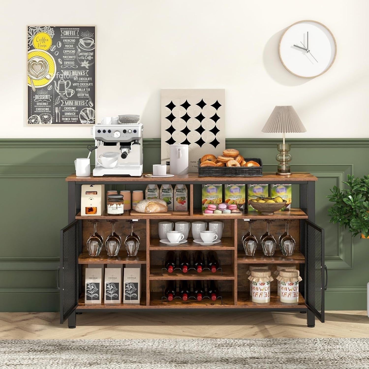 Industrial Kitchen Sideboard Buffet with Wine Rack Glass Holder Storage Cabinet - Kwikley