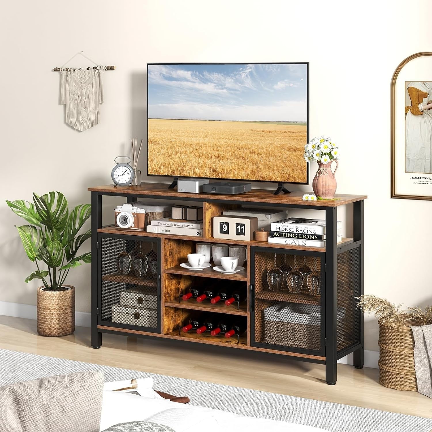 Industrial Kitchen Sideboard Buffet with Wine Rack Glass Holder Storage Cabinet - Kwikley