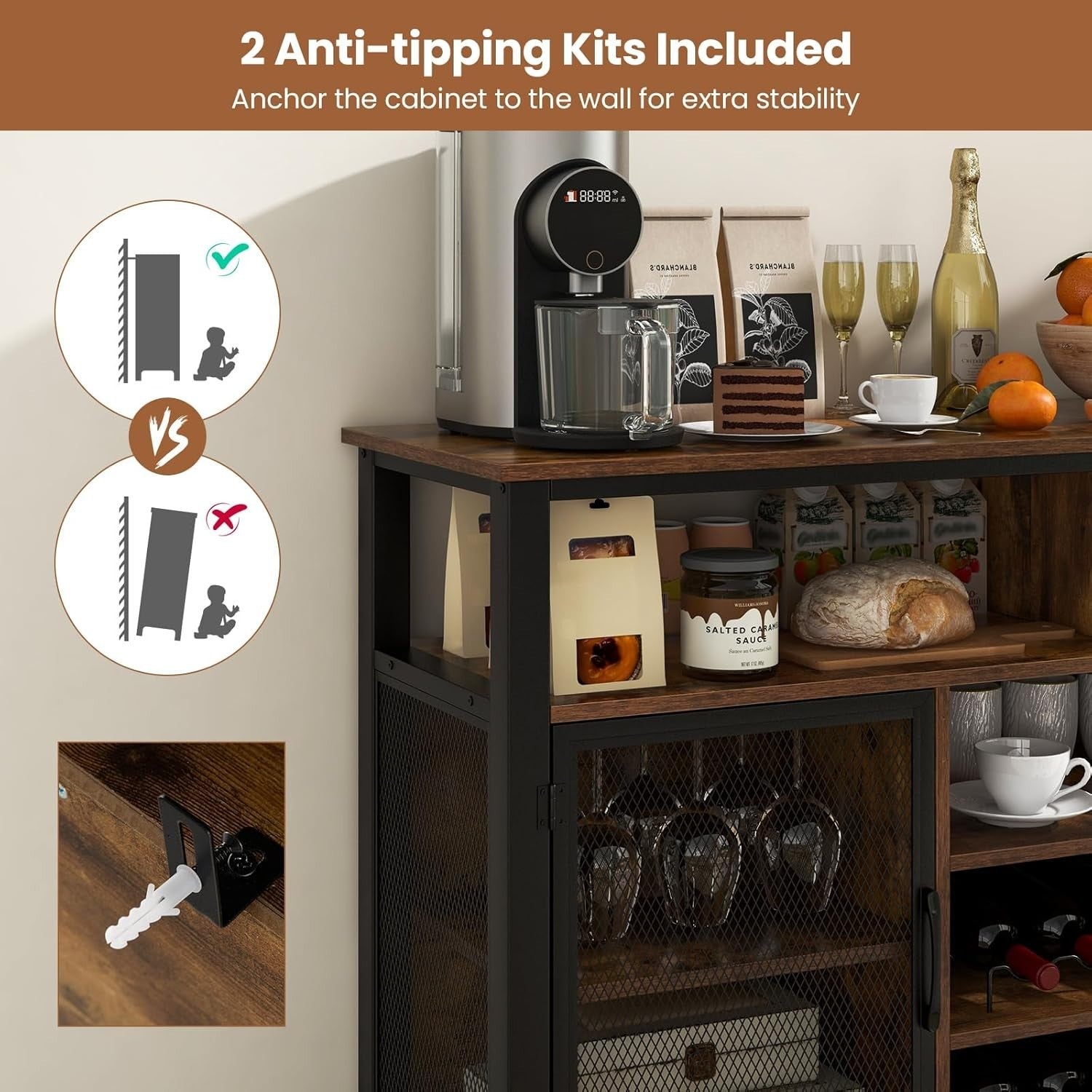 Industrial Kitchen Sideboard Buffet with Wine Rack Glass Holder Storage Cabinet - Kwikley