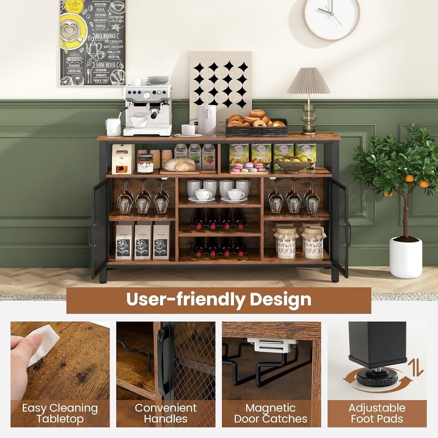 Industrial Kitchen Sideboard Buffet with Wine Rack Glass Holder Storage Cabinet - Kwikley