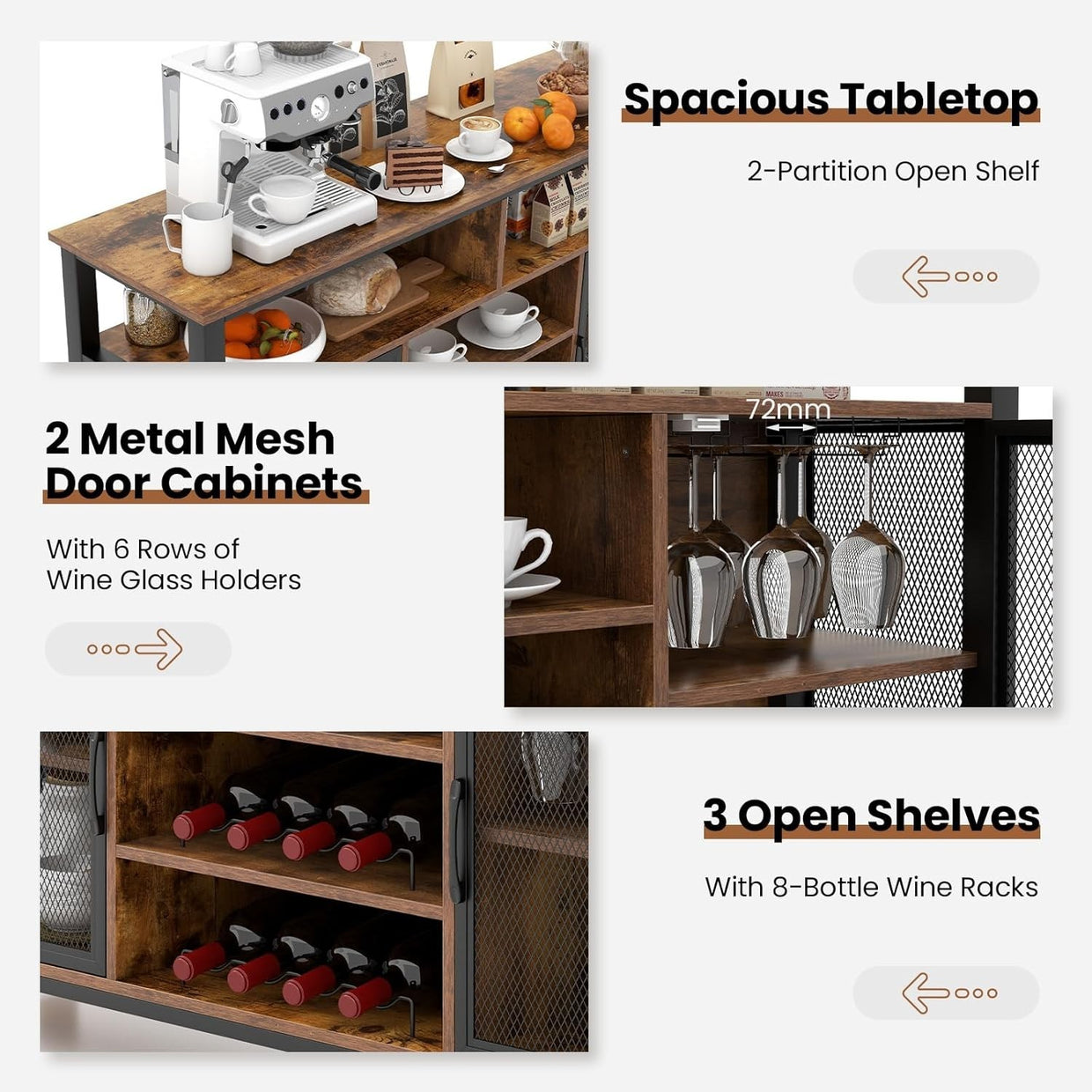 Industrial Kitchen Sideboard Buffet with Wine Rack Glass Holder Storage Cabinet - Kwikley