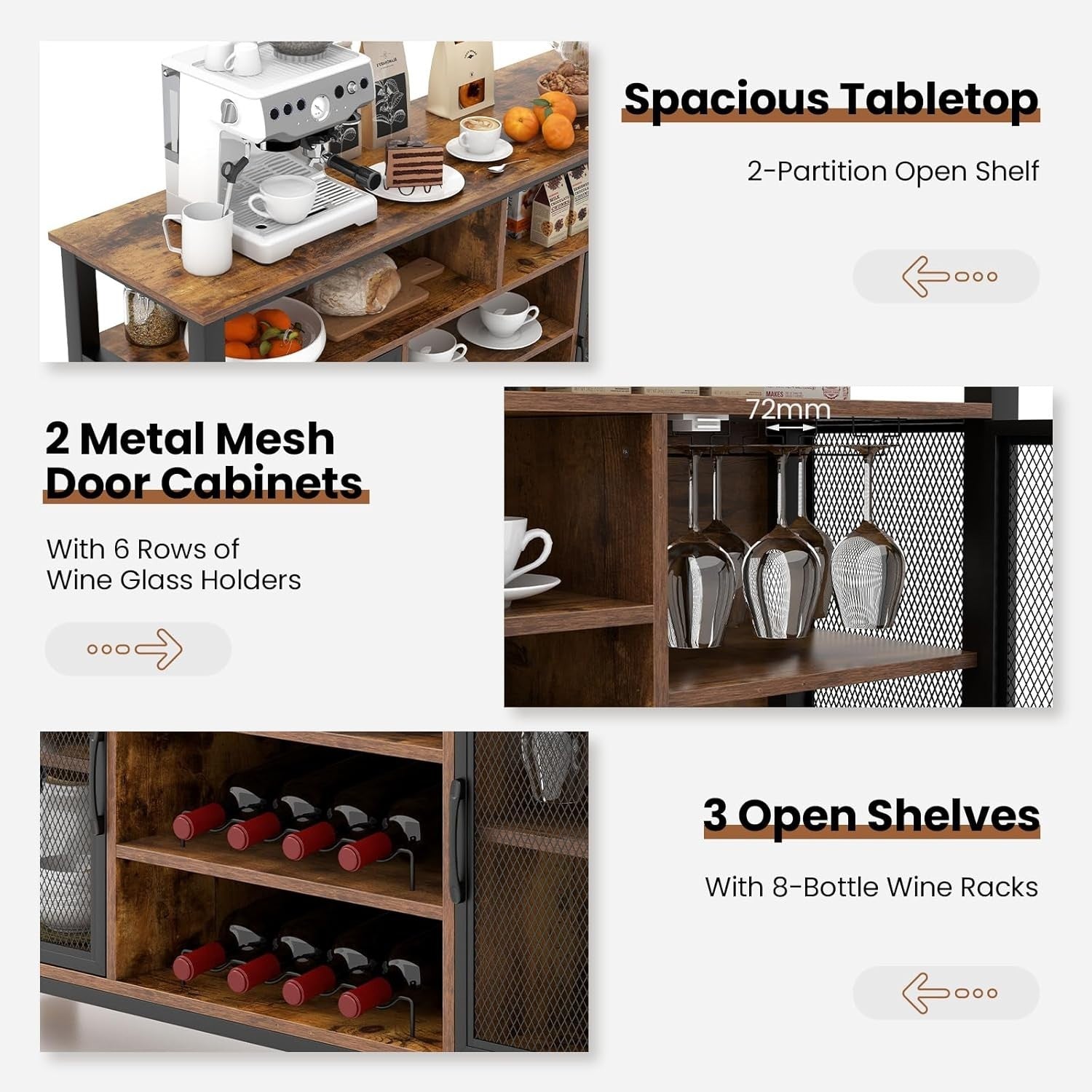 Industrial Kitchen Sideboard Buffet with Wine Rack Glass Holder Storage Cabinet - Kwikley