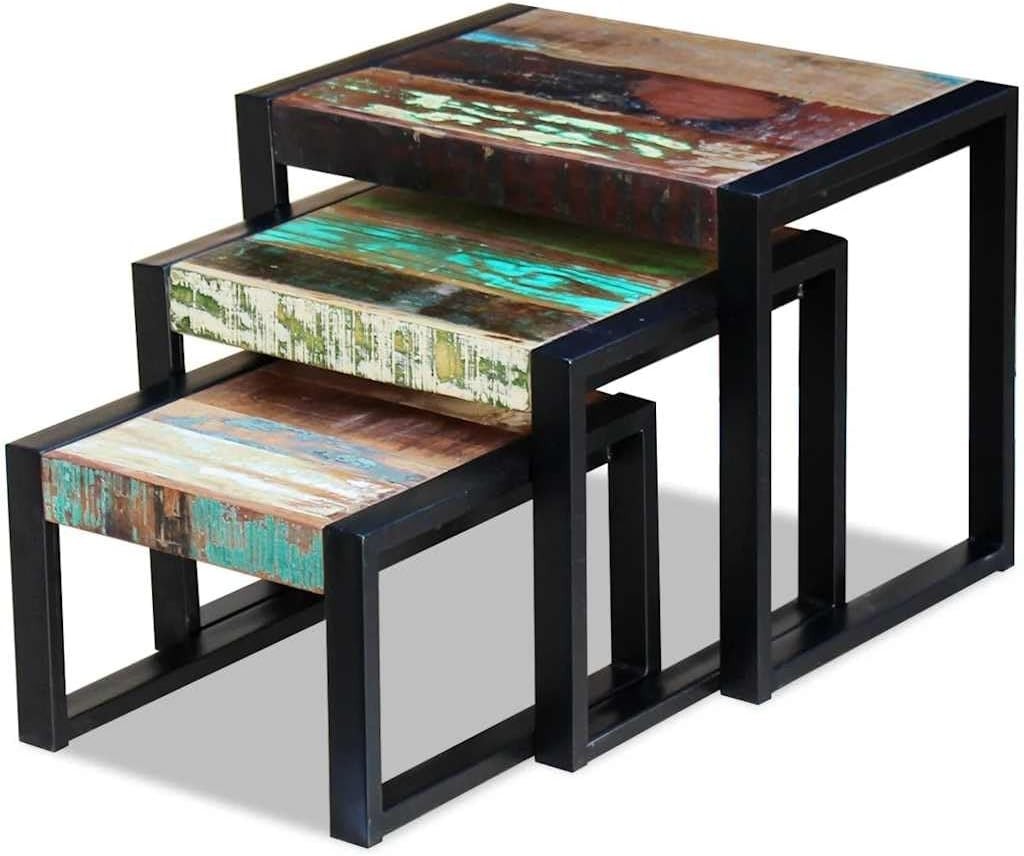 Industrial L - Shape End Table Set of 3 Nesting Coffee Side Tables Reclaimed Wood - Kwikley