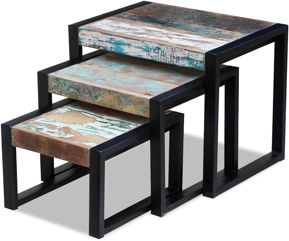 Industrial L - Shape End Table Set of 3 Nesting Coffee Side Tables Reclaimed Wood - Kwikley