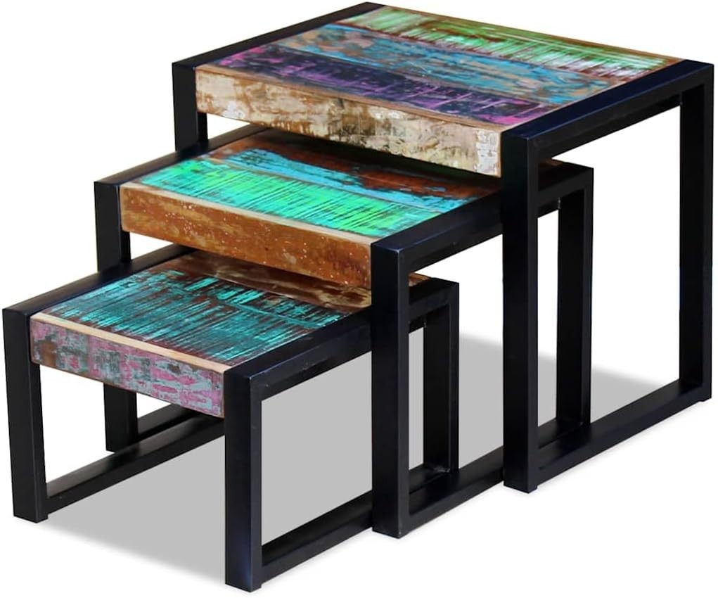 Industrial L - Shape End Table Set of 3 Nesting Coffee Side Tables Reclaimed Wood - Kwikley