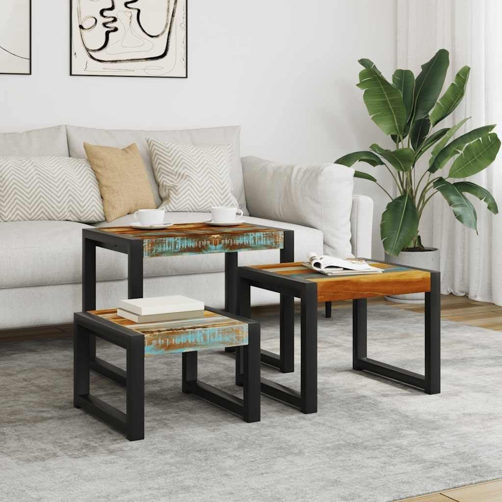 Industrial L - Shape End Table Set of 3 Nesting Coffee Side Tables Reclaimed Wood - Kwikley