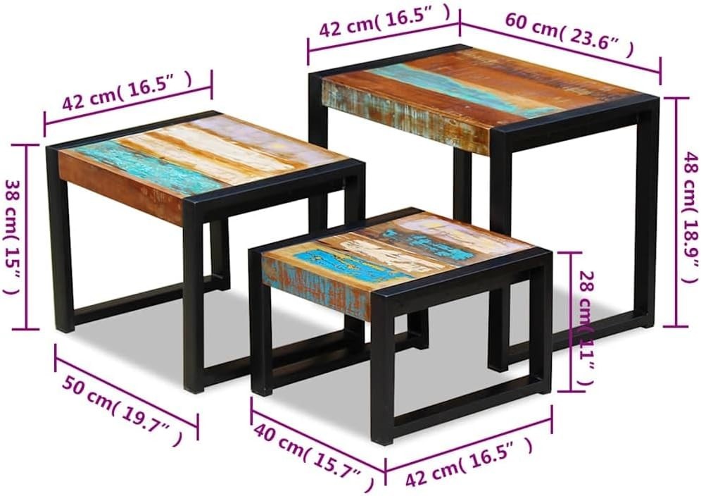 Industrial L - Shape End Table Set of 3 Nesting Coffee Side Tables Reclaimed Wood - Kwikley