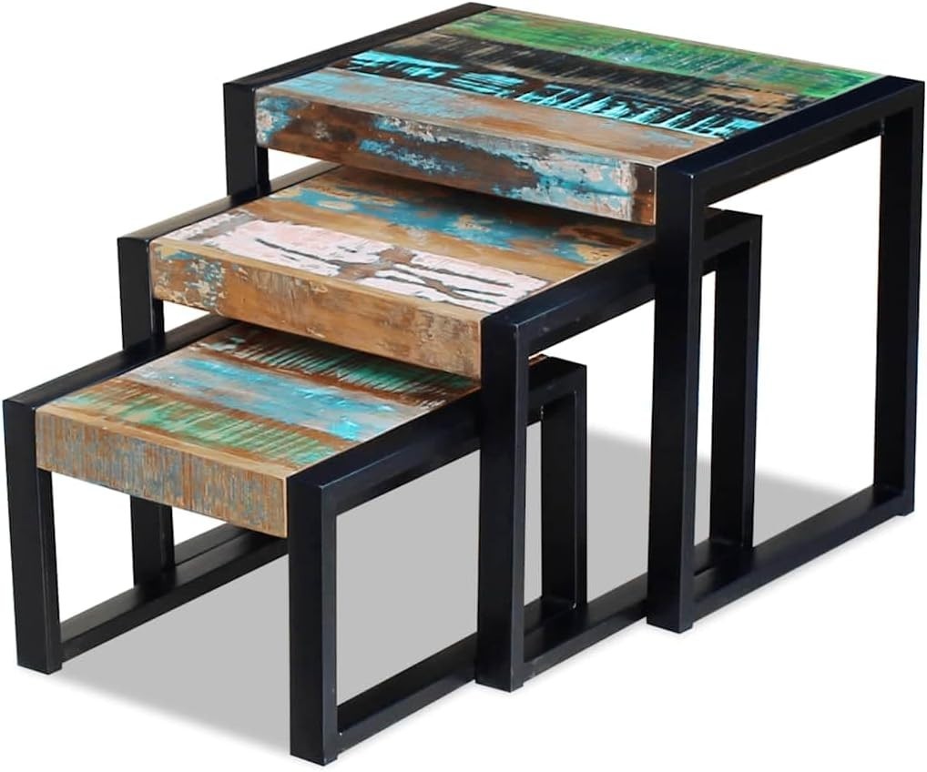 Industrial L - Shape End Table Set of 3 Nesting Coffee Side Tables Reclaimed Wood - Kwikley