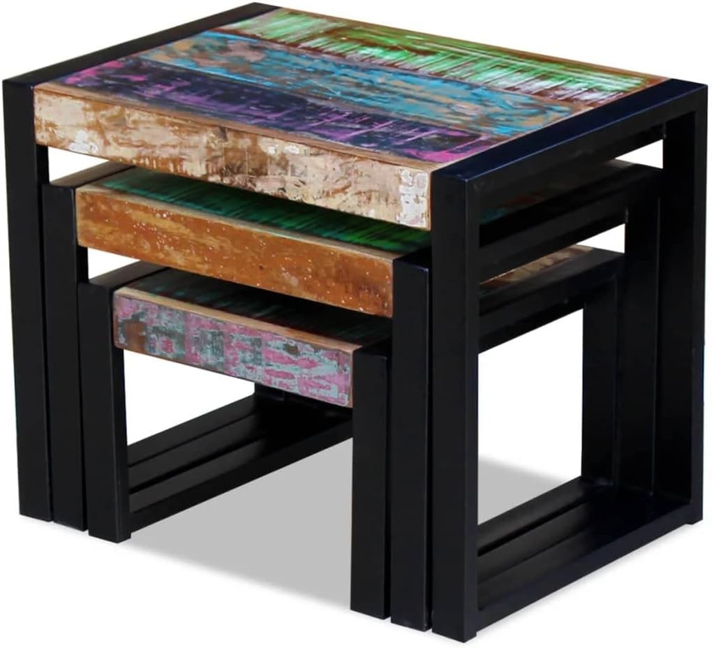 Industrial L - Shape End Table Set of 3 Nesting Coffee Side Tables Reclaimed Wood - Kwikley