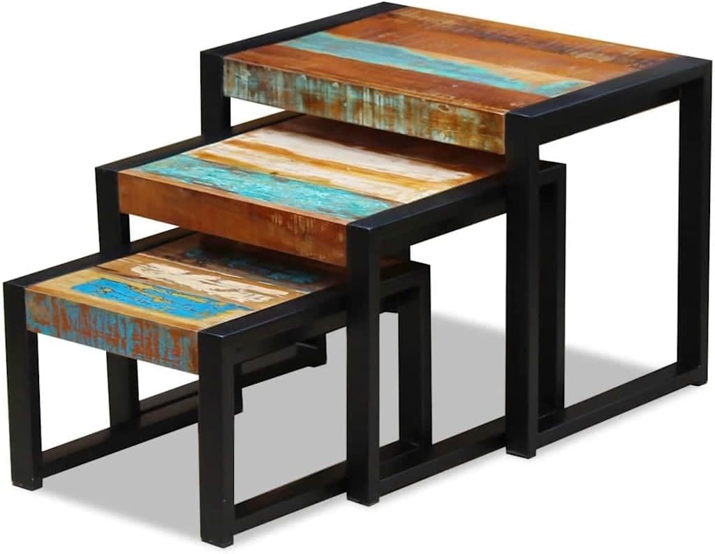 Industrial L - Shape End Table Set of 3 Nesting Coffee Side Tables Reclaimed Wood - Kwikley