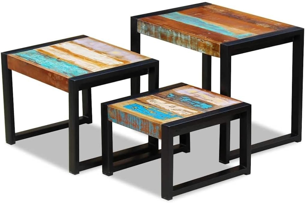 Industrial L - Shape End Table Set of 3 Nesting Coffee Side Tables Reclaimed Wood - Kwikley