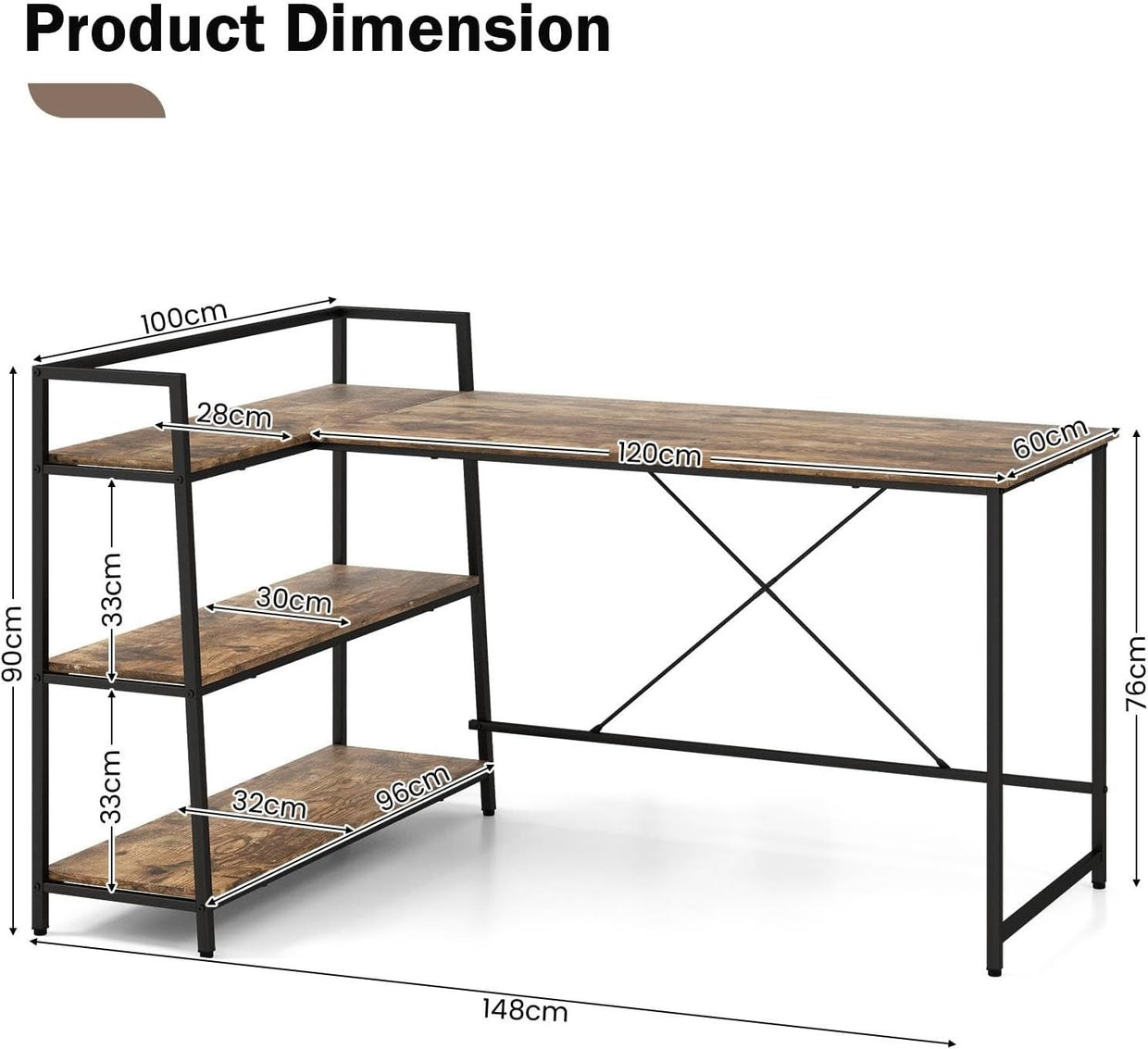 Industrial L - Shaped Computer Desk Black Rustic Brown w/Reversible Shelves - Kwikley