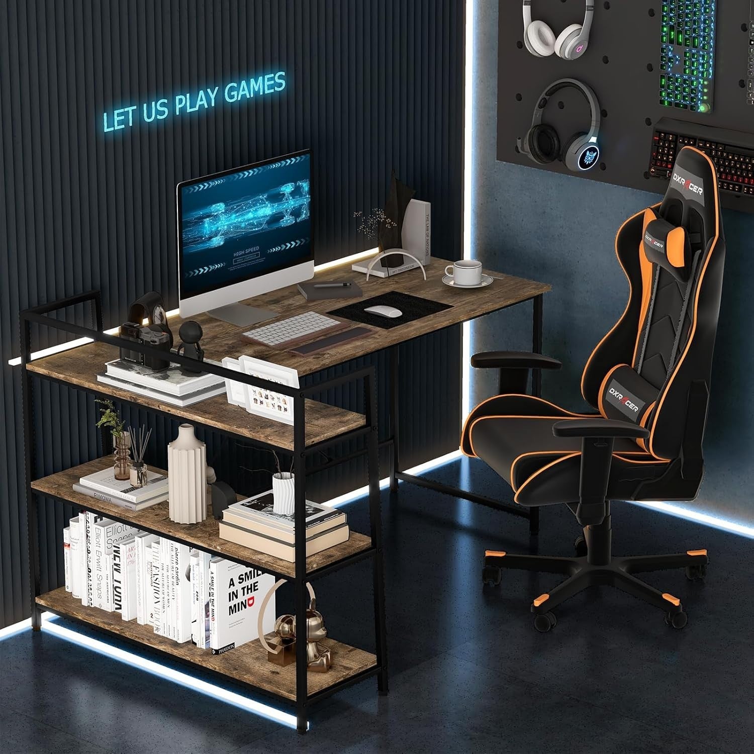 Industrial L - Shaped Computer Desk Black Rustic Brown w/Reversible Shelves - Kwikley