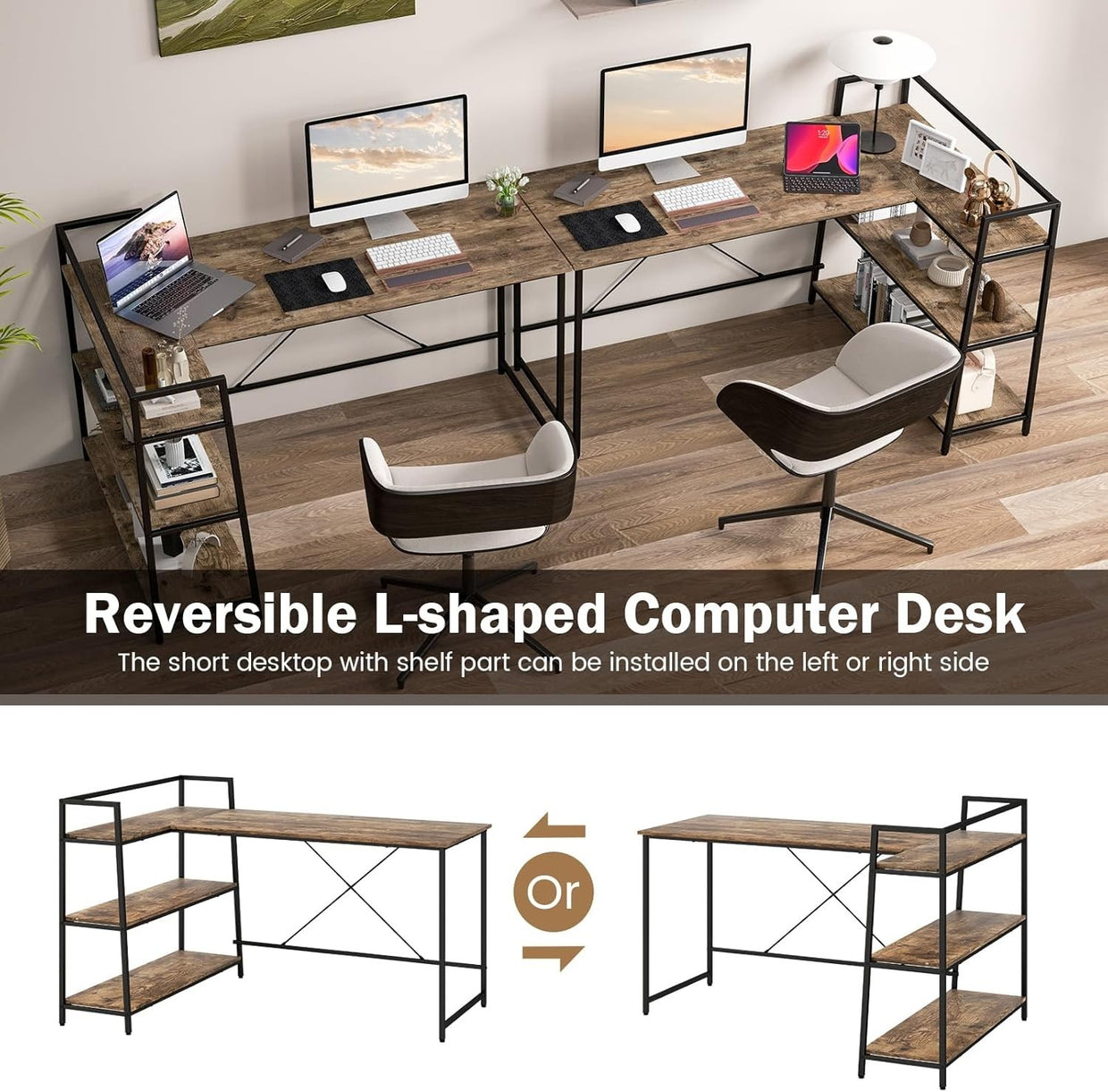 Industrial L - Shaped Computer Desk Black Rustic Brown w/Reversible Shelves - Kwikley