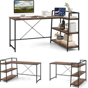Industrial L - Shaped Computer Desk Black Rustic Brown w/Reversible Shelves - Kwikley
