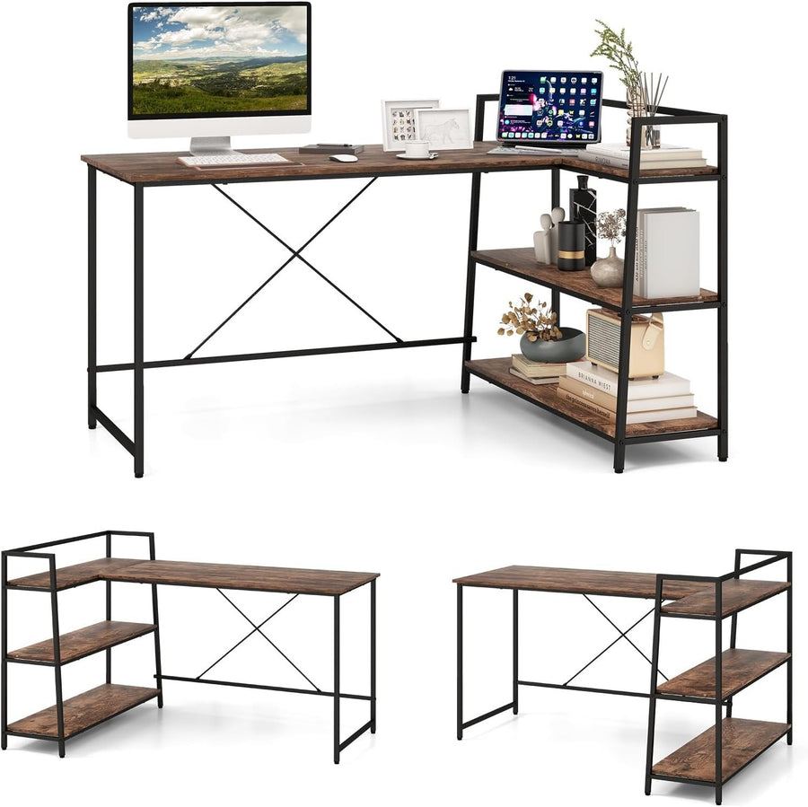 Industrial L - Shaped Computer Desk Black Rustic Brown w/Reversible Shelves - Kwikley