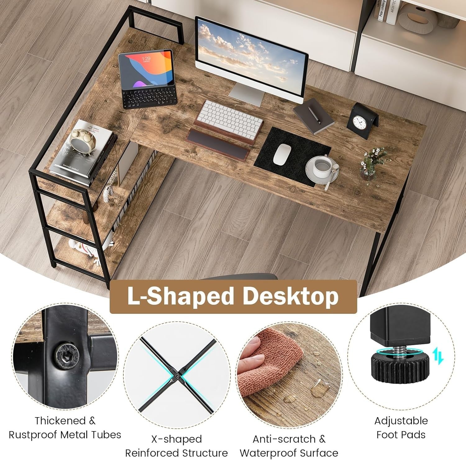 Industrial L - Shaped Computer Desk Black Rustic Brown w/Reversible Shelves - Kwikley