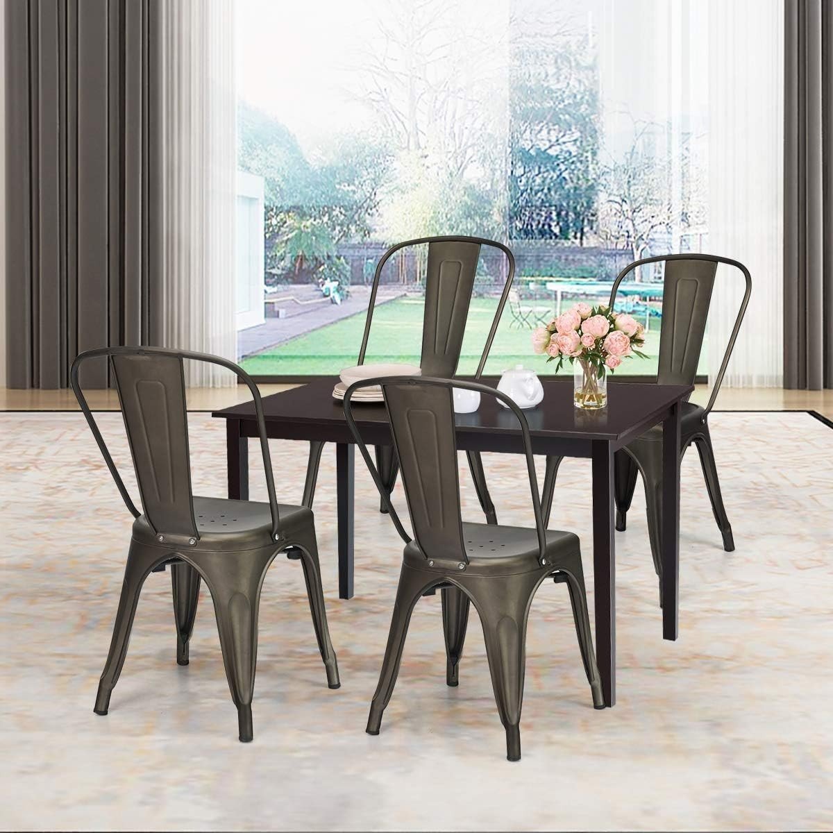 Industrial Metal Dining Chairs Set 4 Stackable Bistro Slatted - Kwikley