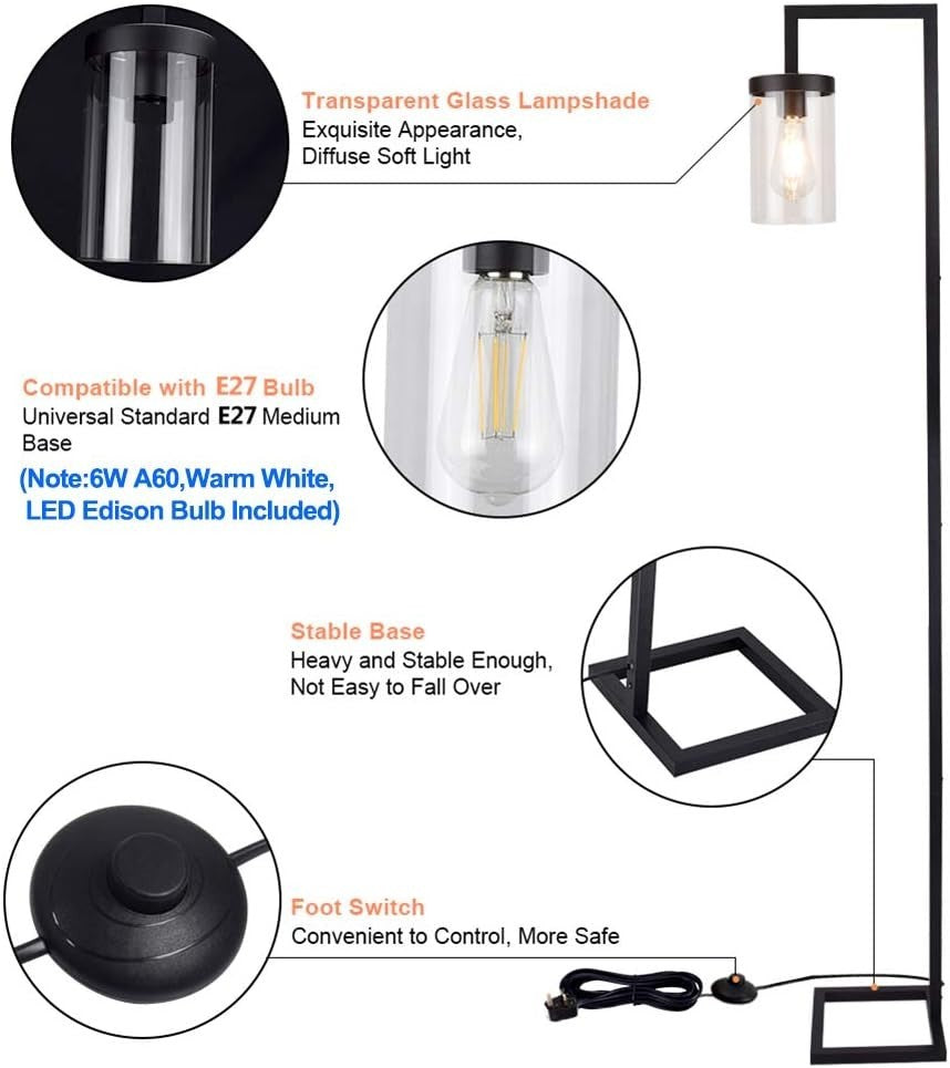 Industrial Metal Floor Lamp with Glass Shade & Eye Protection, Dimmable - Kwikley