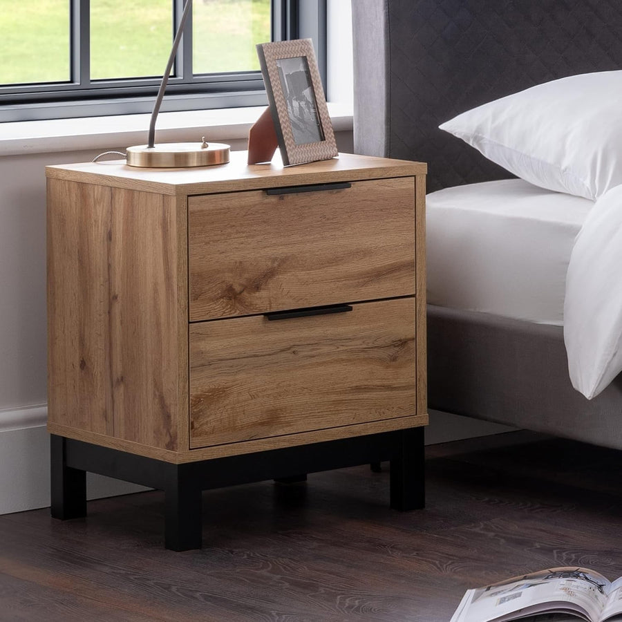 Industrial Oak 2 Drawer Bedside Table | Wooden Nightstand with Black Legs - Kwikley