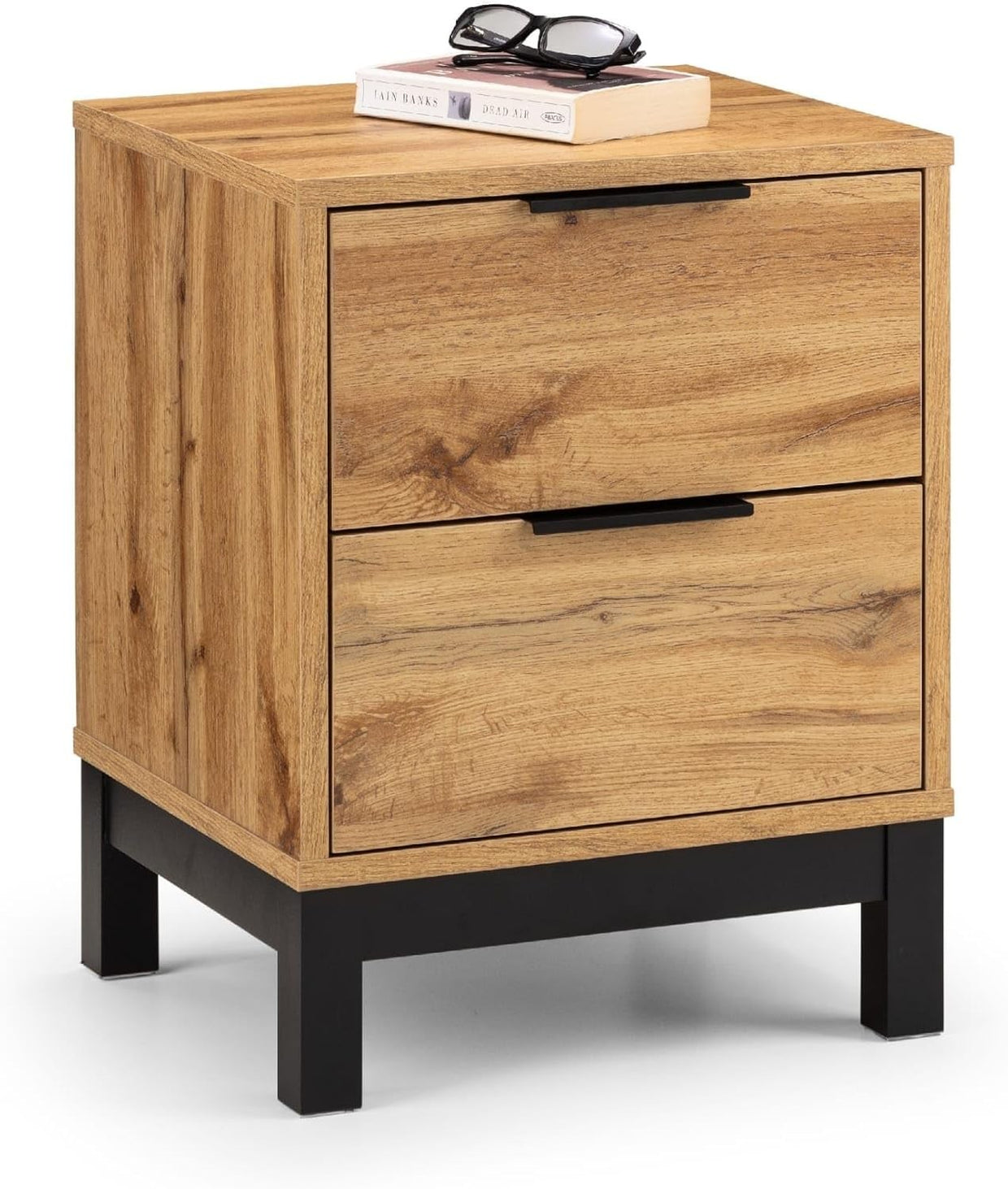 Industrial Oak 2 Drawer Bedside Table | Wooden Nightstand with Black Legs - Kwikley