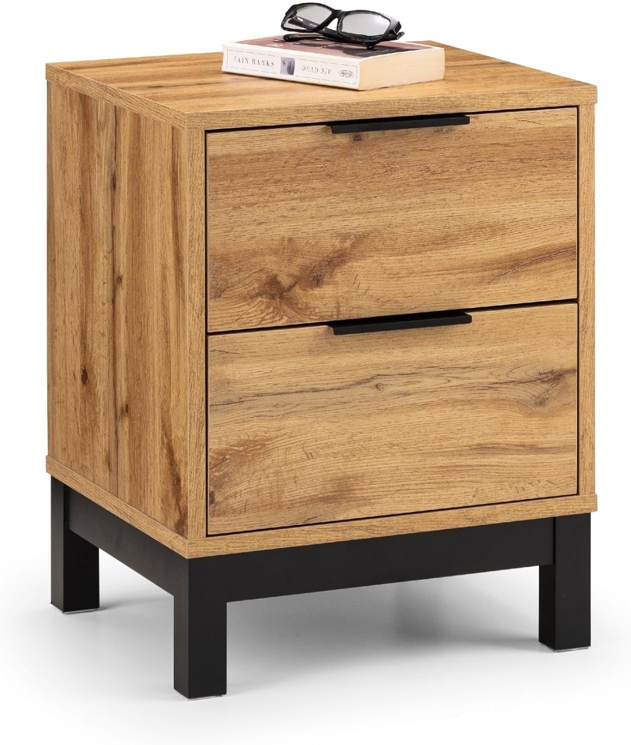 Industrial Oak 2 Drawer Bedside Table | Wooden Nightstand with Black Legs - Kwikley