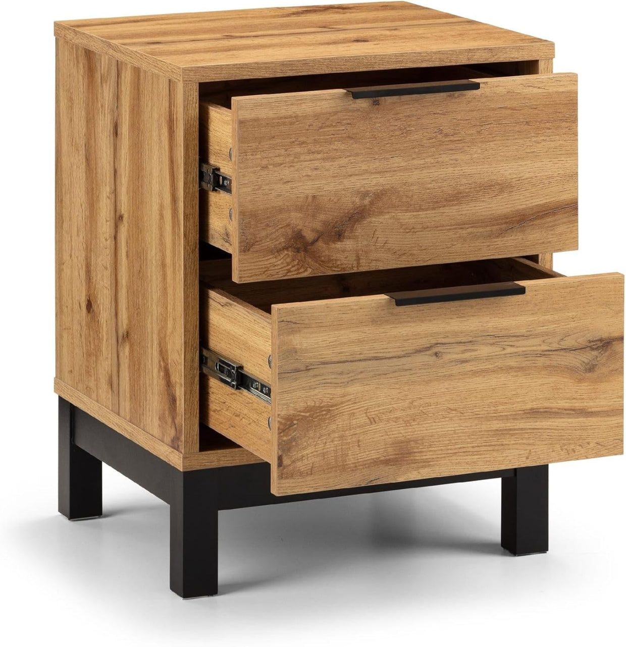 Industrial Oak 2 Drawer Bedside Table | Wooden Nightstand with Black Legs - Kwikley
