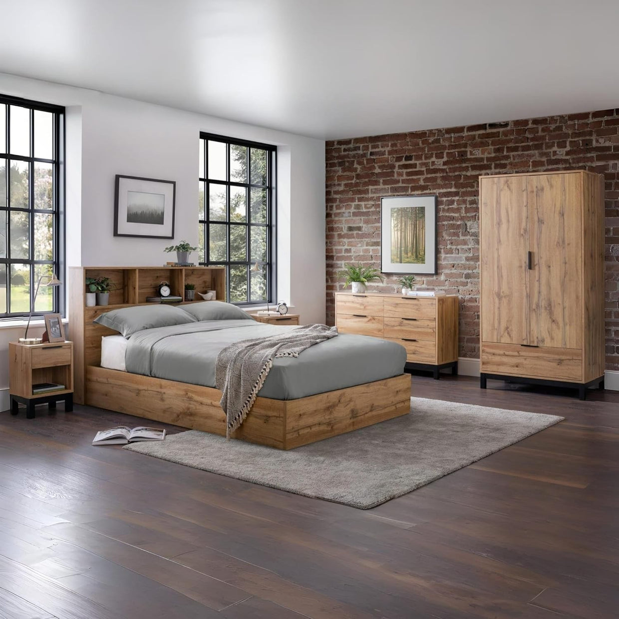 Industrial Oak 2 Drawer Bedside Table | Wooden Nightstand with Black Legs - Kwikley