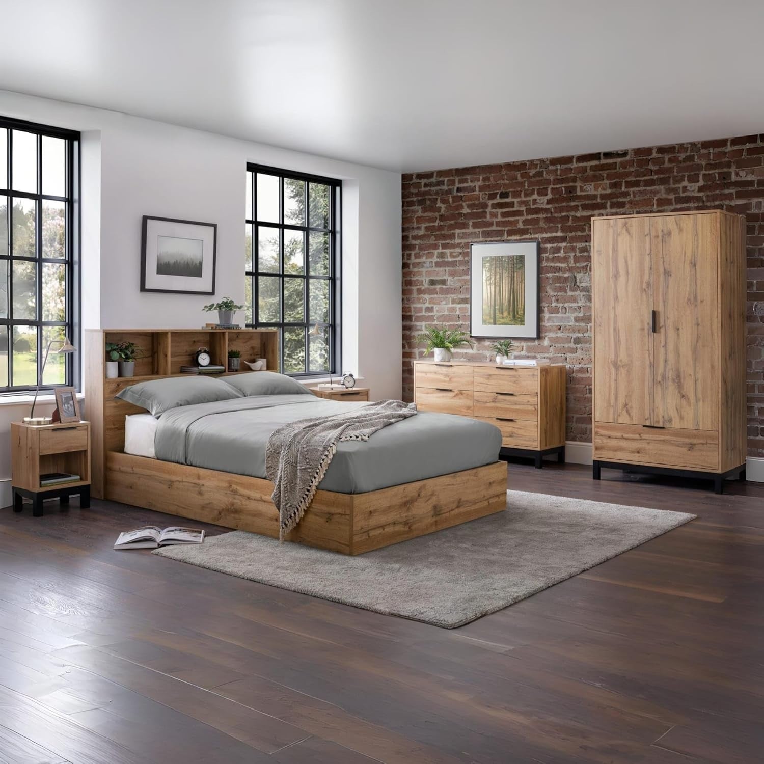 Industrial Oak 2 Drawer Bedside Table | Wooden Nightstand with Black Legs - Kwikley