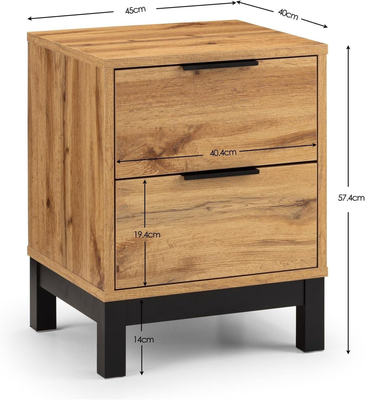 Industrial Oak 2 Drawer Bedside Table | Wooden Nightstand with Black Legs - Kwikley