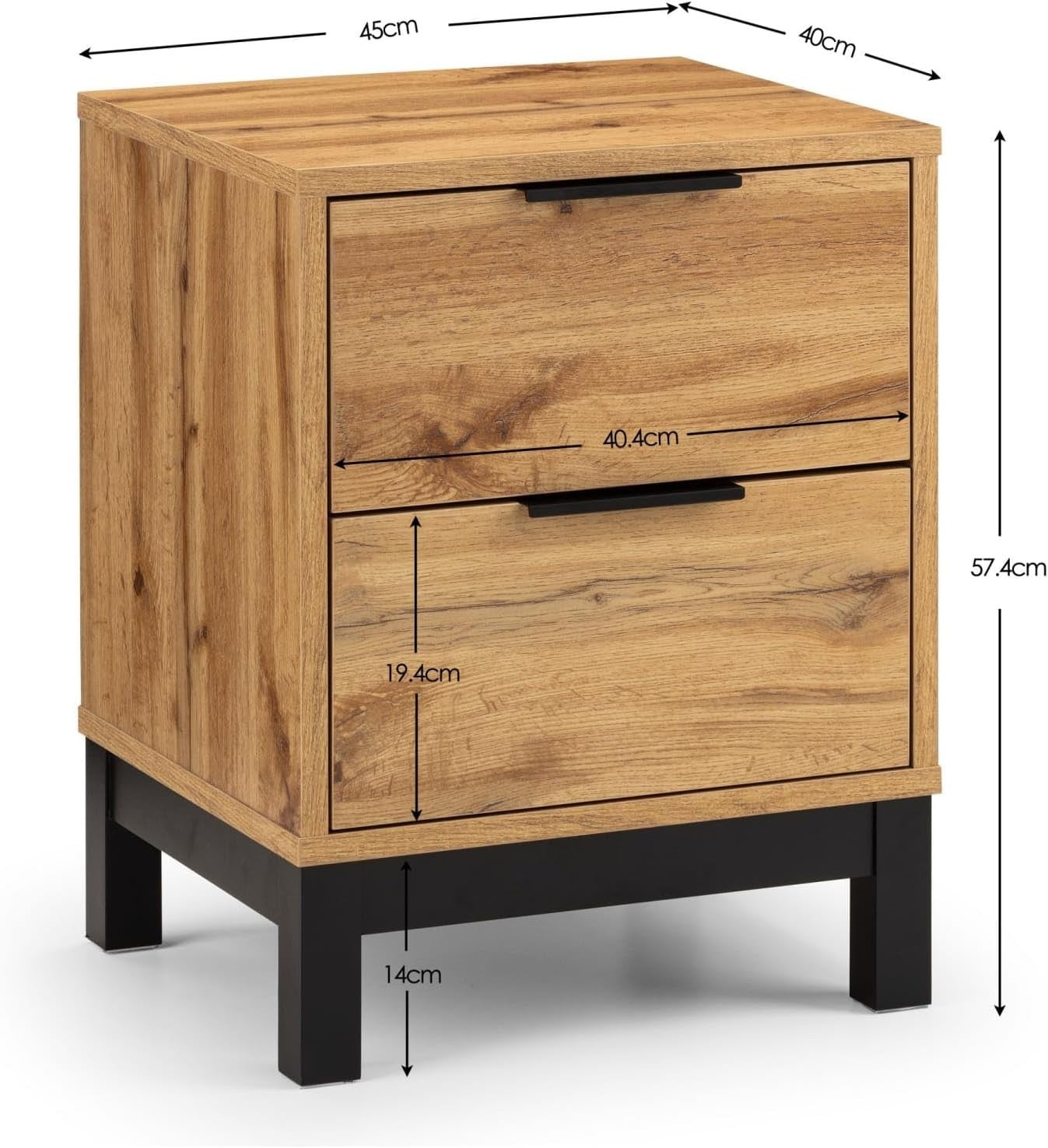 Industrial Oak 2 Drawer Bedside Table | Wooden Nightstand with Black Legs - Kwikley