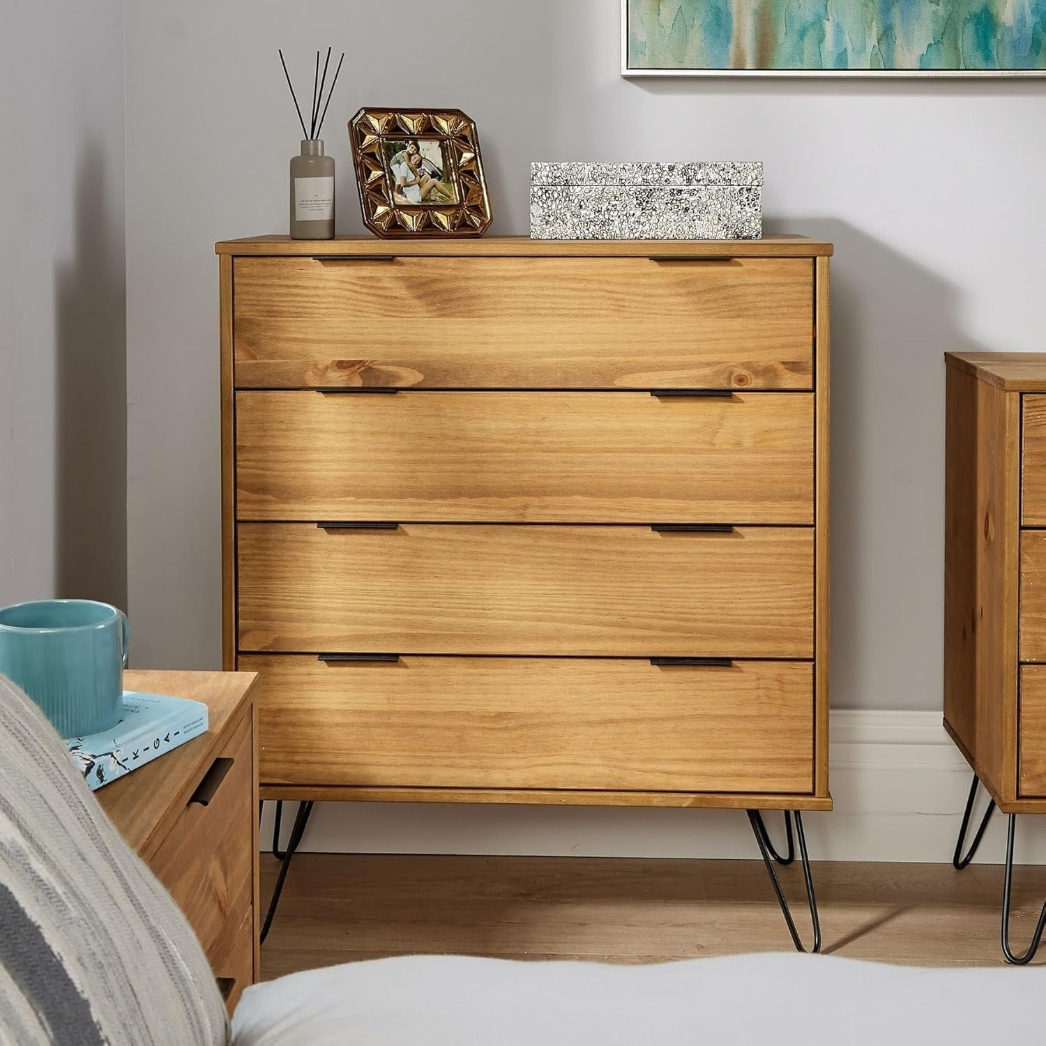 Industrial Pine Chest of 4 Drawers | Wood Storage Cabinet Bedroom Unit - Kwikley