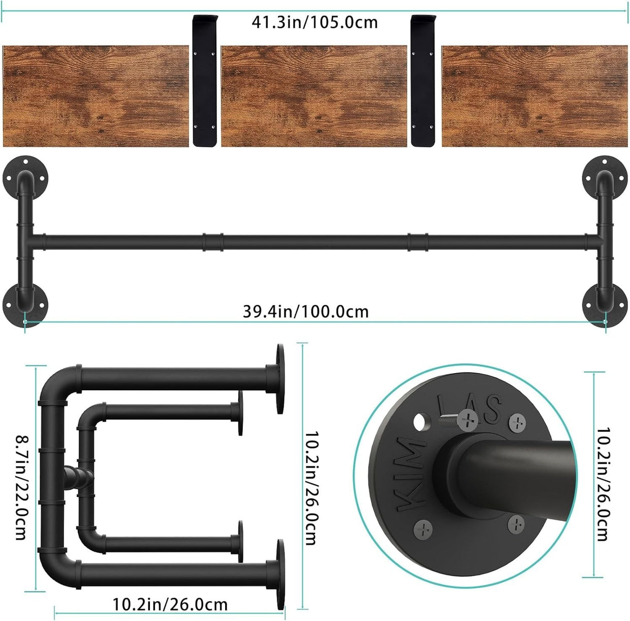 Industrial Pipe Clothes Rack 70cm Wall Shelf Hanger Black - Kwikley