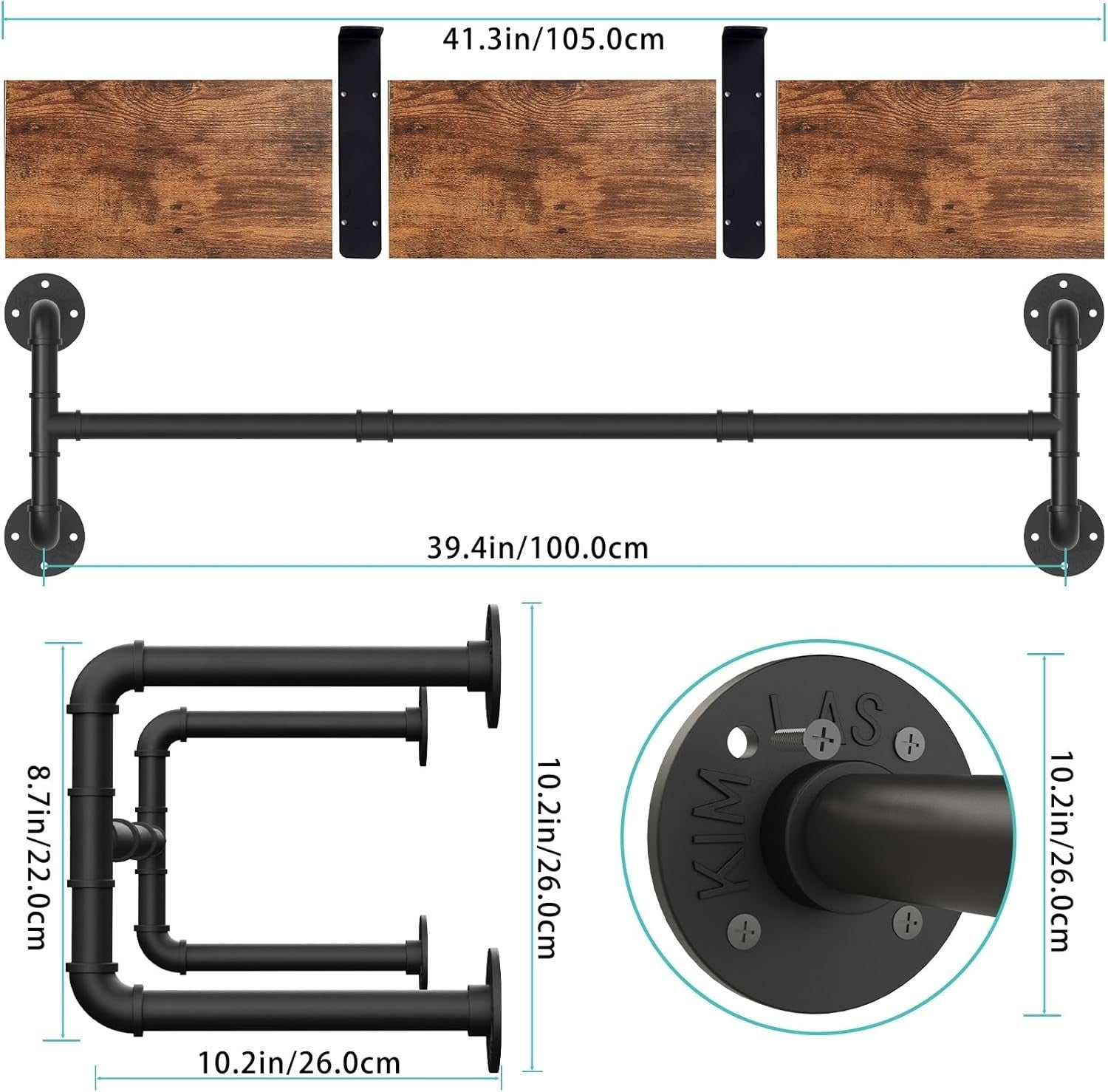 Industrial Pipe Clothes Rack 70cm Wall Shelf Hanger Black - Kwikley