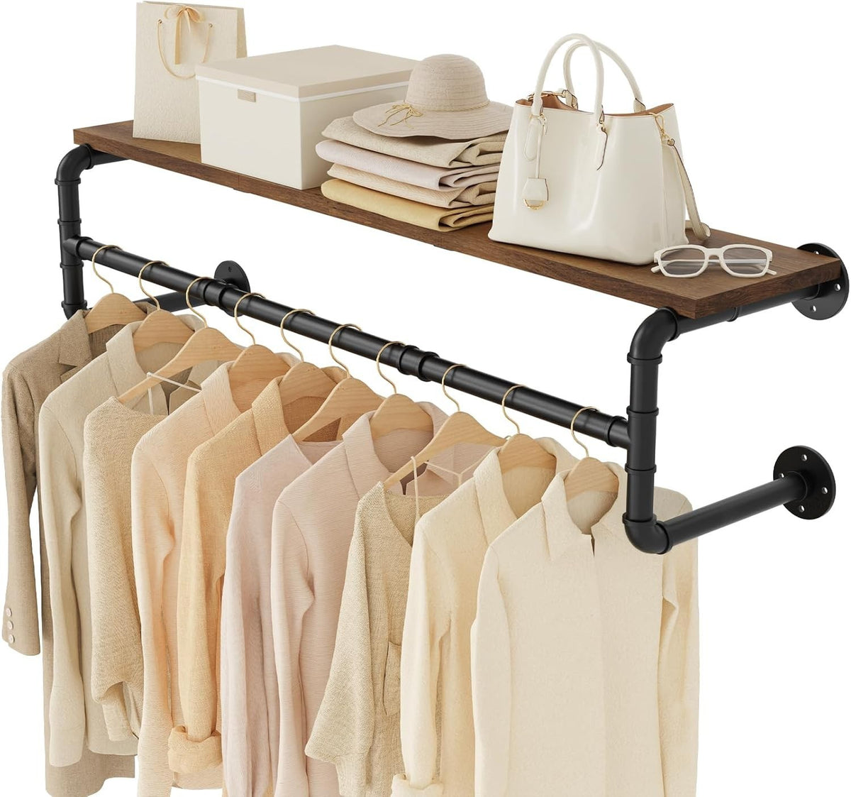 Industrial Pipe Clothes Rack 70cm Wall Shelf Hanger Black - Kwikley