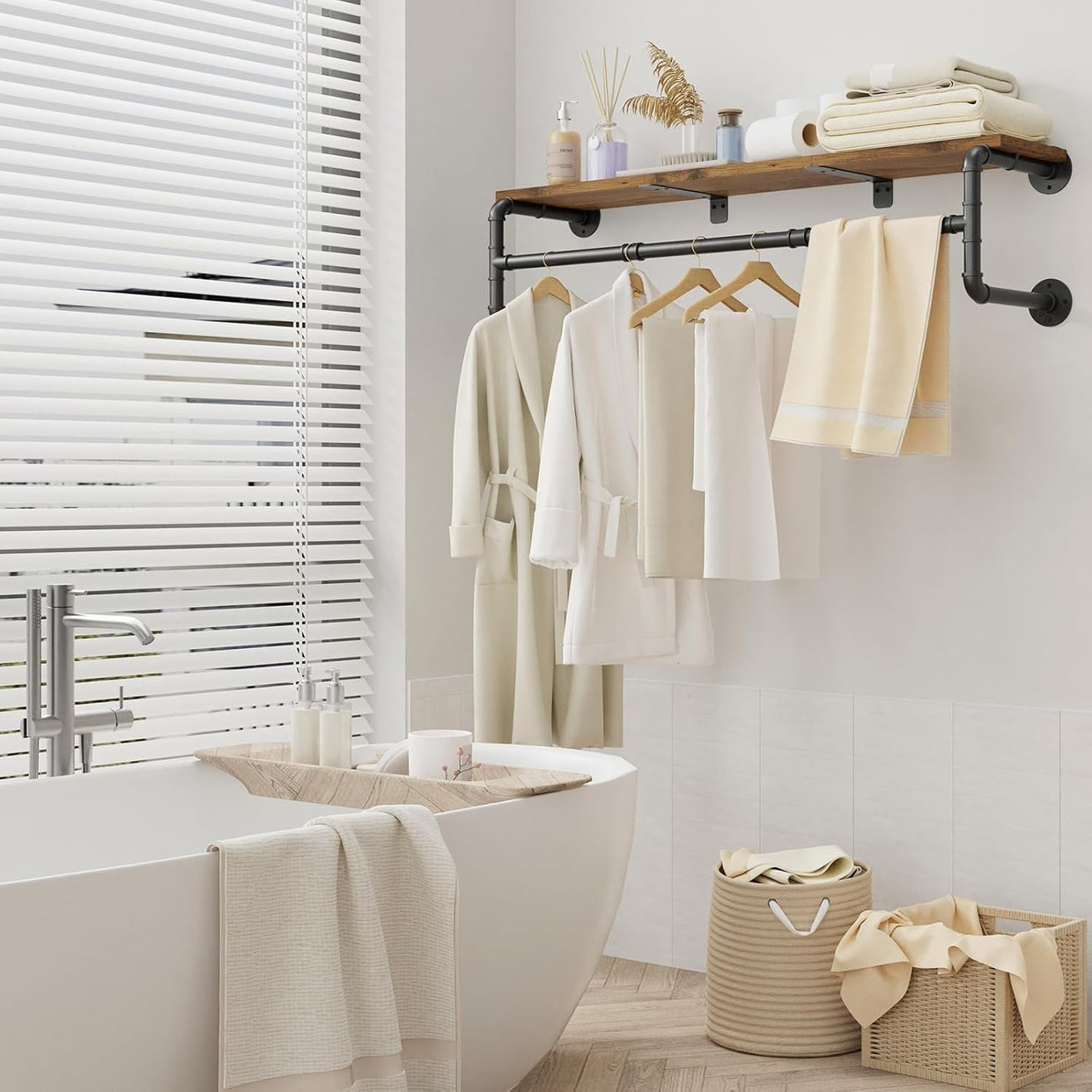Industrial Pipe Clothes Rack 70cm Wall Shelf Hanger Black - Kwikley