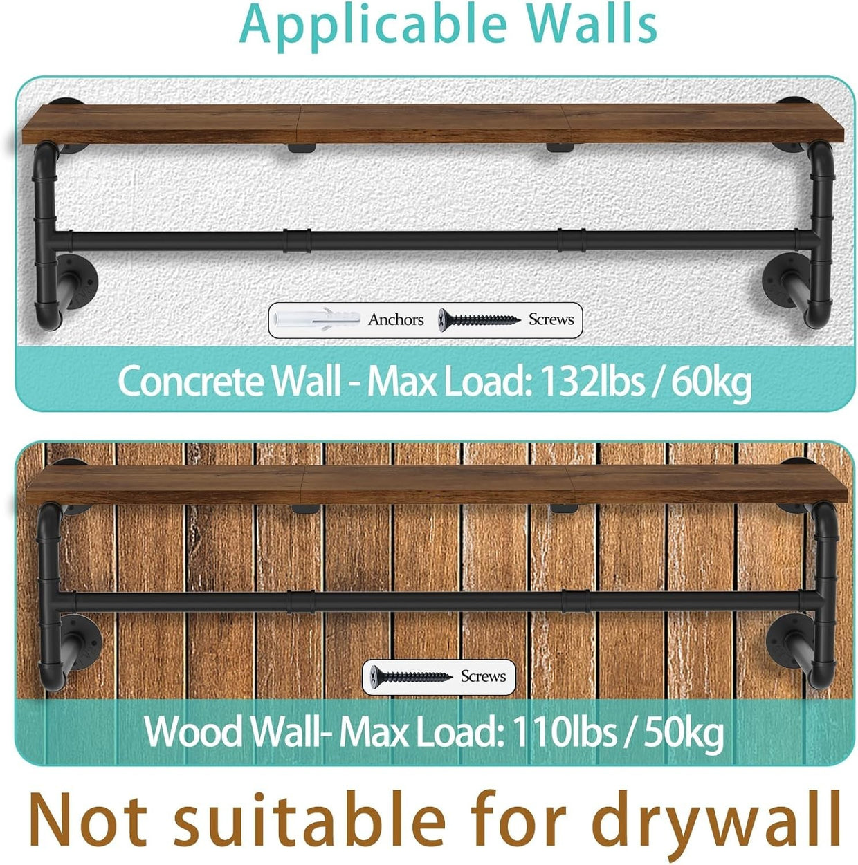 Industrial Pipe Clothes Rack 70cm Wall Shelf Hanger Black - Kwikley