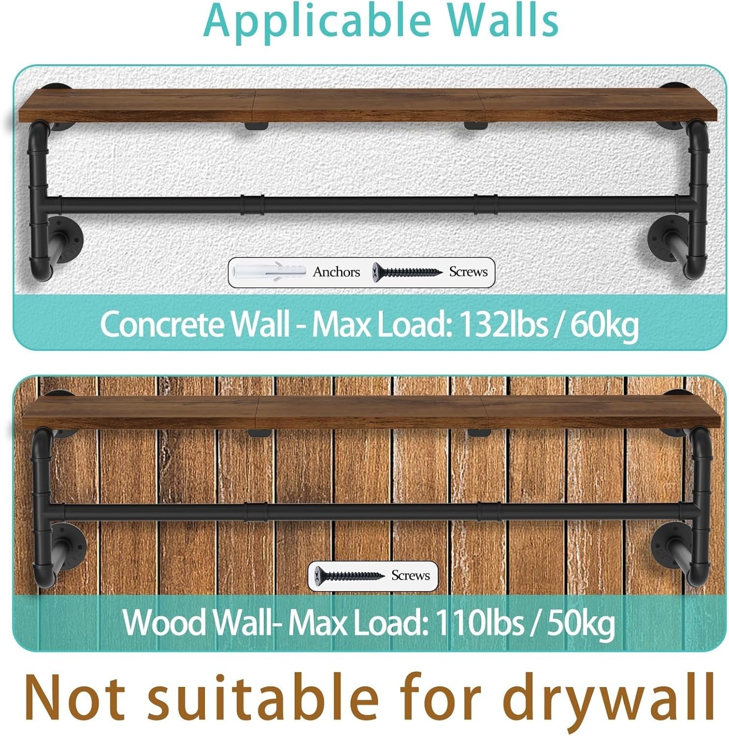 Industrial Pipe Clothes Rack 70cm Wall Shelf Hanger Black - Kwikley