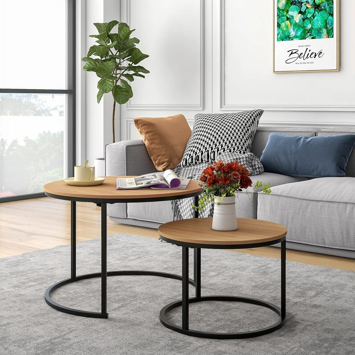 Industrial Round Nesting Coffee Table Set of 2, Sturdy Metal Frame & Wood Top - Kwikley