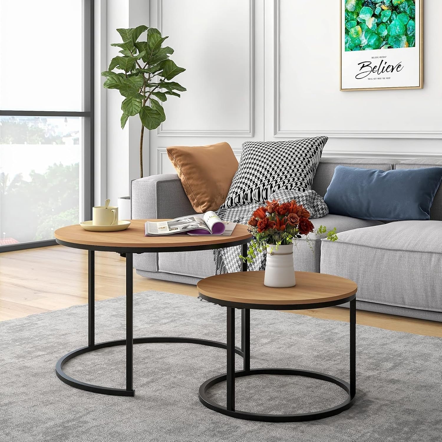 Industrial Round Nesting Coffee Table Set of 2, Sturdy Metal Frame & Wood Top - Kwikley