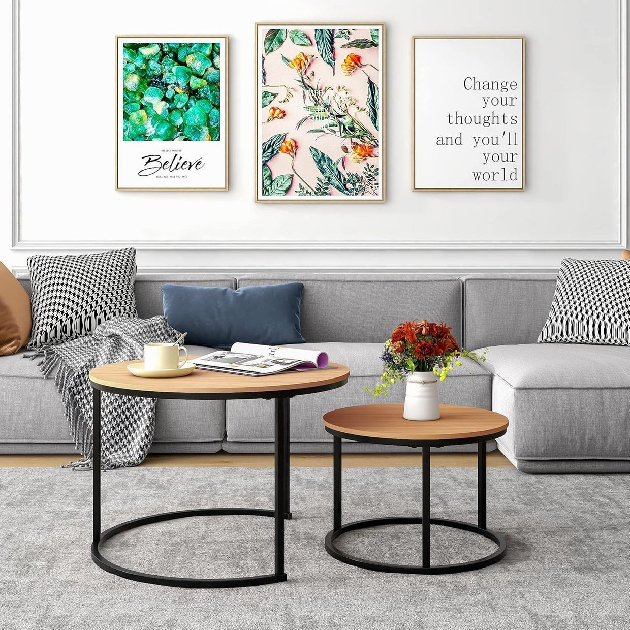 Industrial Round Nesting Coffee Table Set of 2, Sturdy Metal Frame & Wood Top - Kwikley